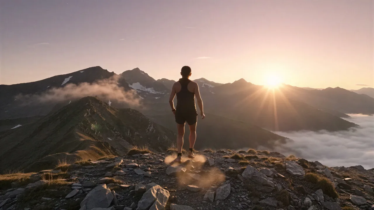 Trail runner on a mountain ridge at sunrise, after