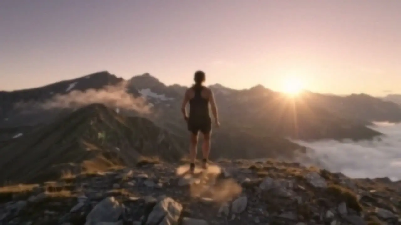 Trail runner on a mountain ridge at sunrise, before
